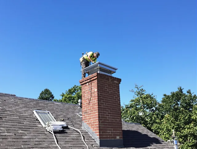 Millbury Chimney Sweep technician measuring a chimney cap in Millbury, MA