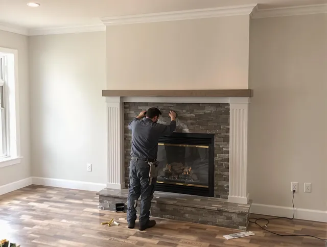 Millbury Chimney Sweep finishing a custom fireplace install in Millbury, MA